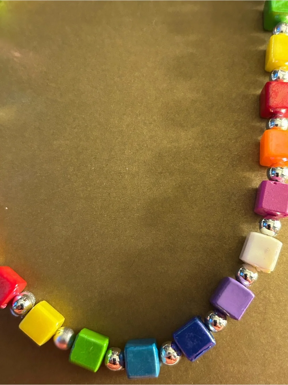NWOT Necklace Lucite Rainbow opalescent colors in square, round silver beads 16”